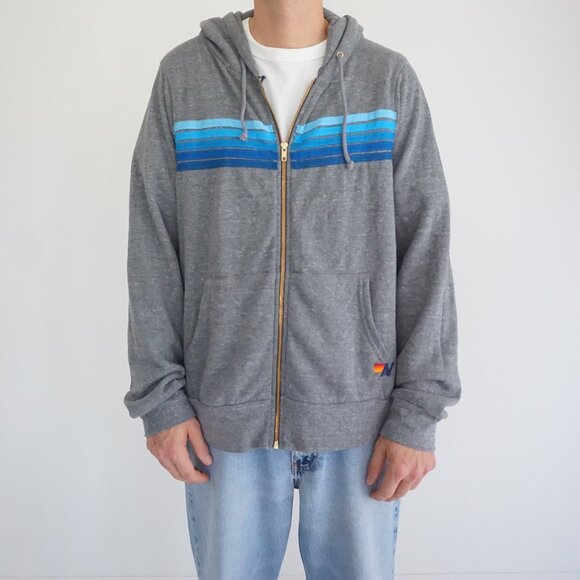 Aviator Nation Grey Cotton Zip Hoodie Blue Stripe Sporty Retro Nostalgic XL - Picture 1 of 12